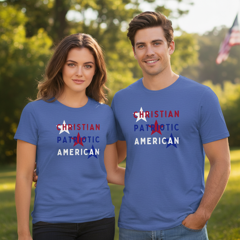 Couple wearing matching Christian Patriotic American t-shirts