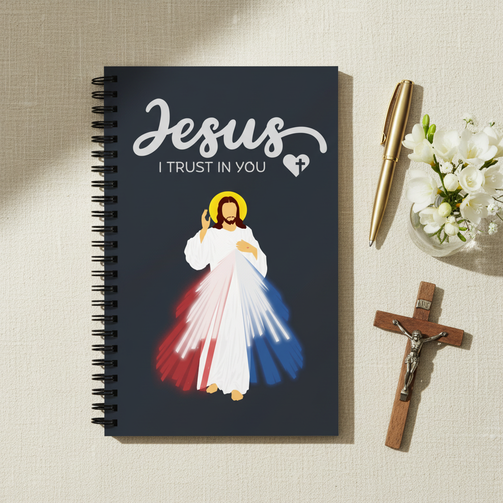 Styled flat-lay of Divine Mercy notebook with crucifix and flowers