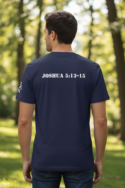 Master and Commander navy t-shirt back showing Joshua 5:13-15 scripture