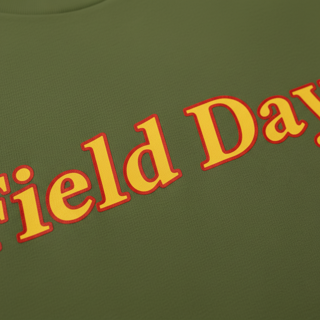 Close-up of Field Day bold red and gold text and premium cotton quality