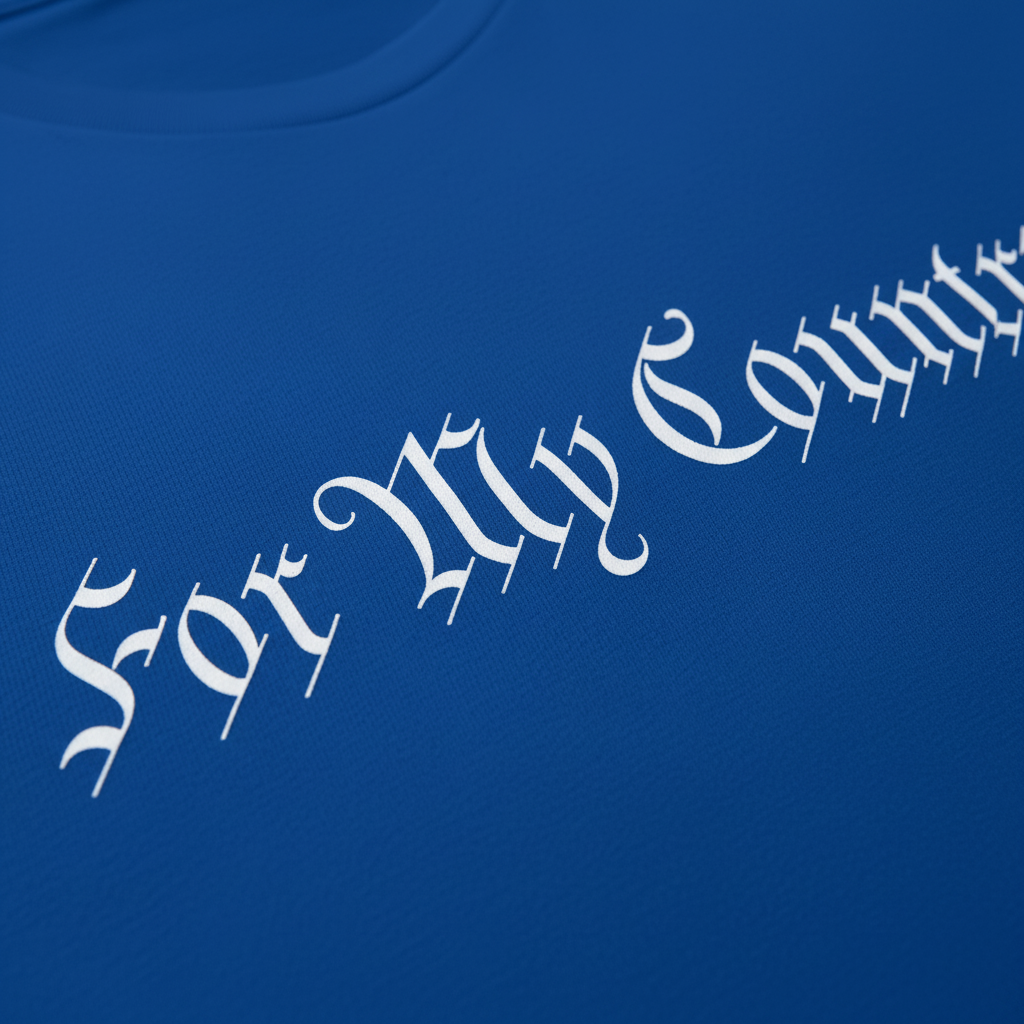 Close-up of For My Country Old English script and premium cotton quality