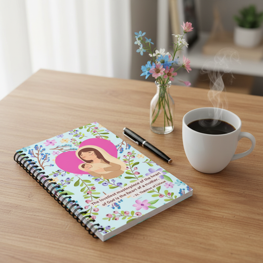 Motherhood journaling setting with Heart of a Mother notebook and flowers