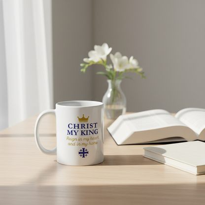 Christ My King mug with Bible and journal on light wood table