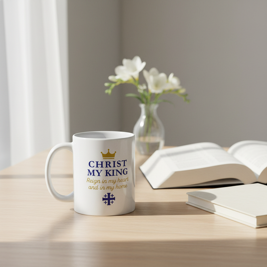 Christ My King mug with Bible and journal on light wood table