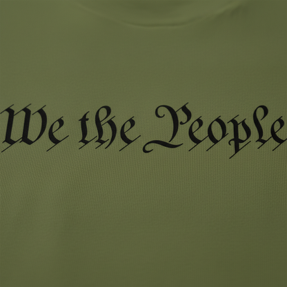 Close-up of We the People Old English script and premium cotton quality
