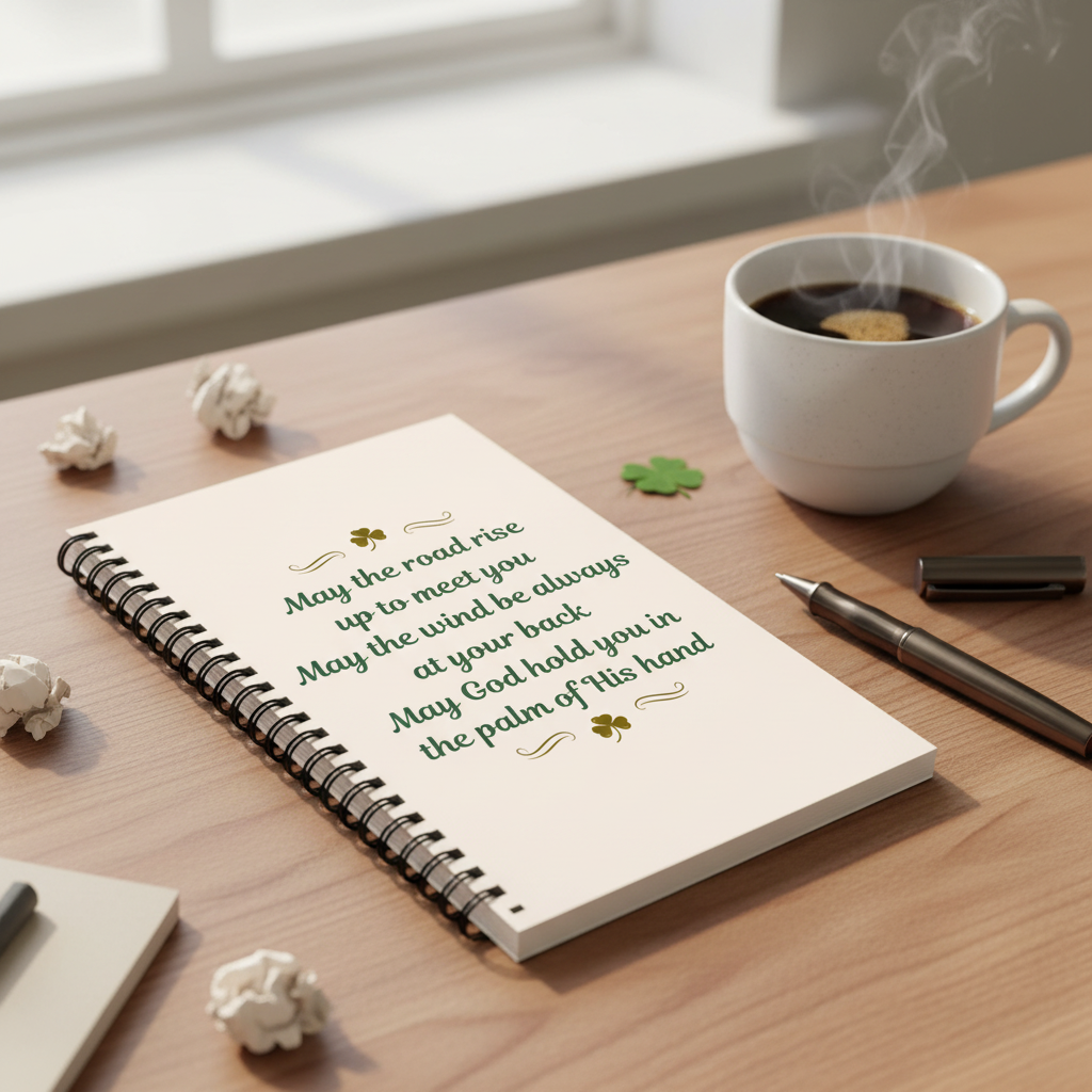 Irish Blessing notebook angled with pen and coffee