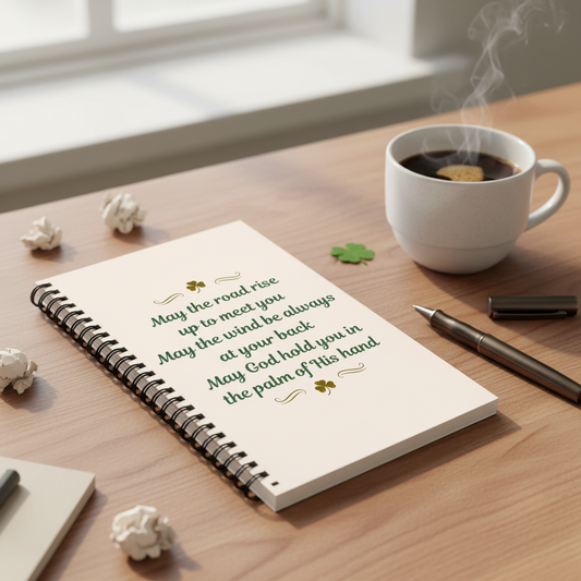 Irish Blessing notebook angled with pen and coffee