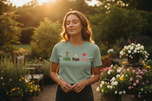 Lifestyle photo of Faith Hope Love t-shirt