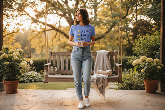 Lifestyle photo with heather columbia blue t-shirt