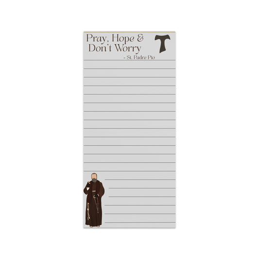 Notepad with lined pages, a picture of a person in a robe, and text 'Pray, Hope & Don't Worry St. Padre Pio' on a white background.