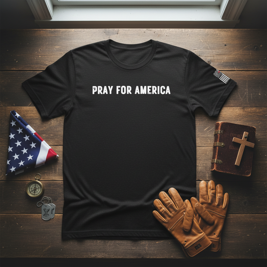 Pray for America Unisex T-Shirt Styled Flat Lay - With Sleeves Visible