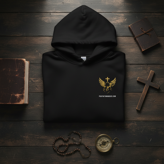 Pray with Marcus Hoodie Front Styled Flat Lay - Clean Version