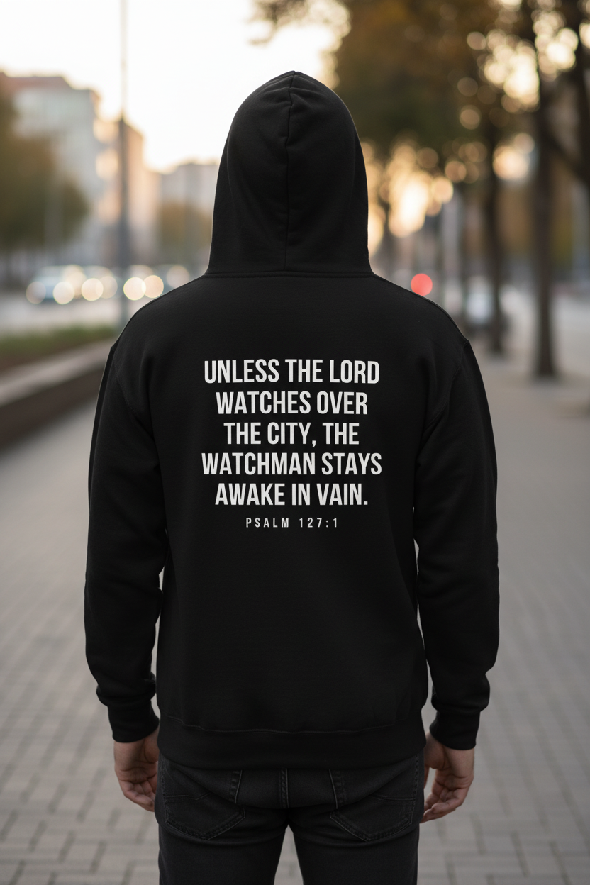PrayWithMarcus hoodie back showing Psalm 127:1 scripture