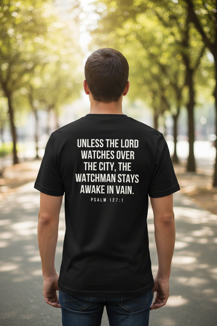 PrayWithMarcus tee back showing Psalm 127:1