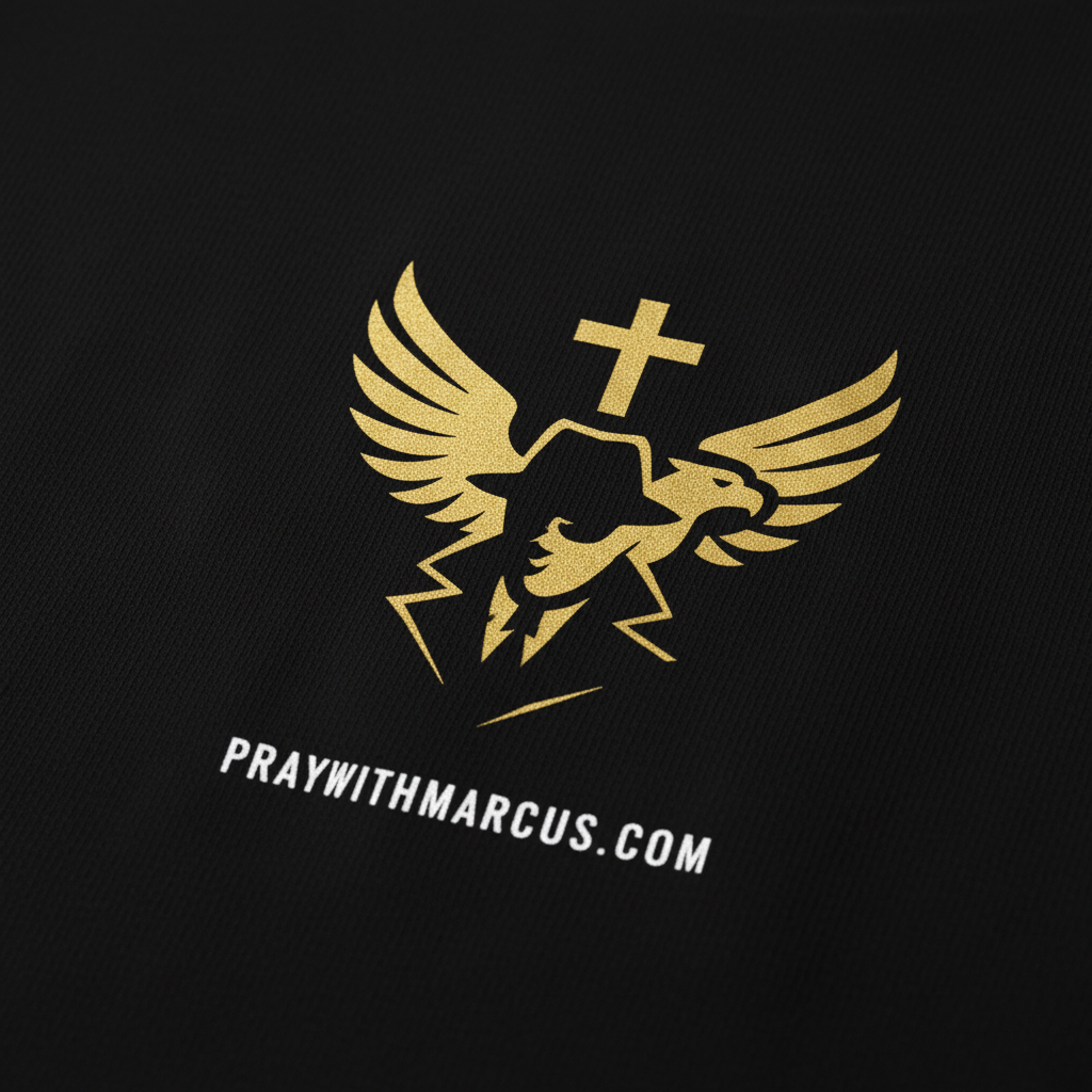 PrayWithMarcus tee close-up of gold emblem