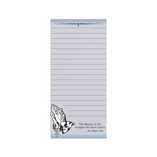 Notepad with prayer illustration and quote on a white background