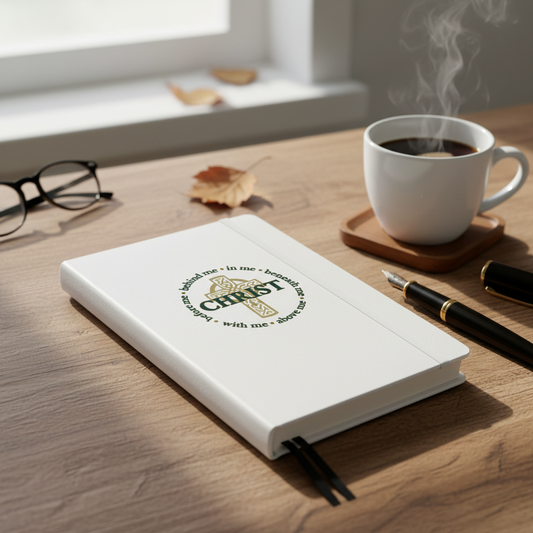 St. Patrick's Breastplate hardcover journal with pen and coffee