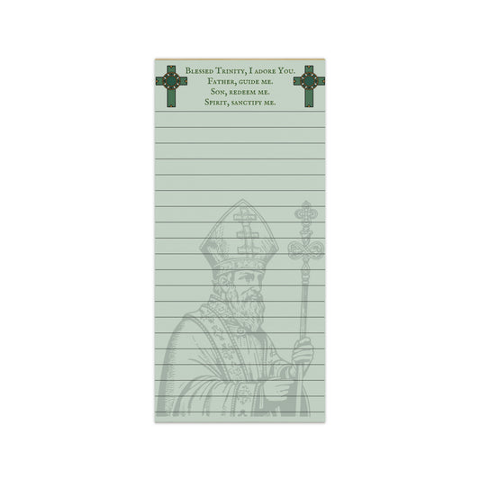 Notepad with a religious design featuring a saint and cross on a light green background