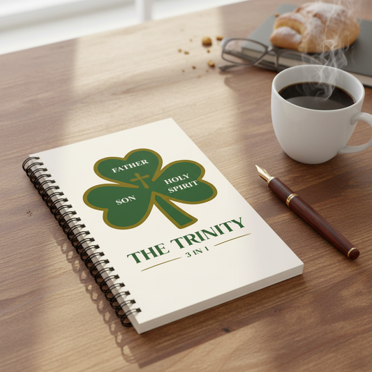 Trinity notebook closed with pen and coffee