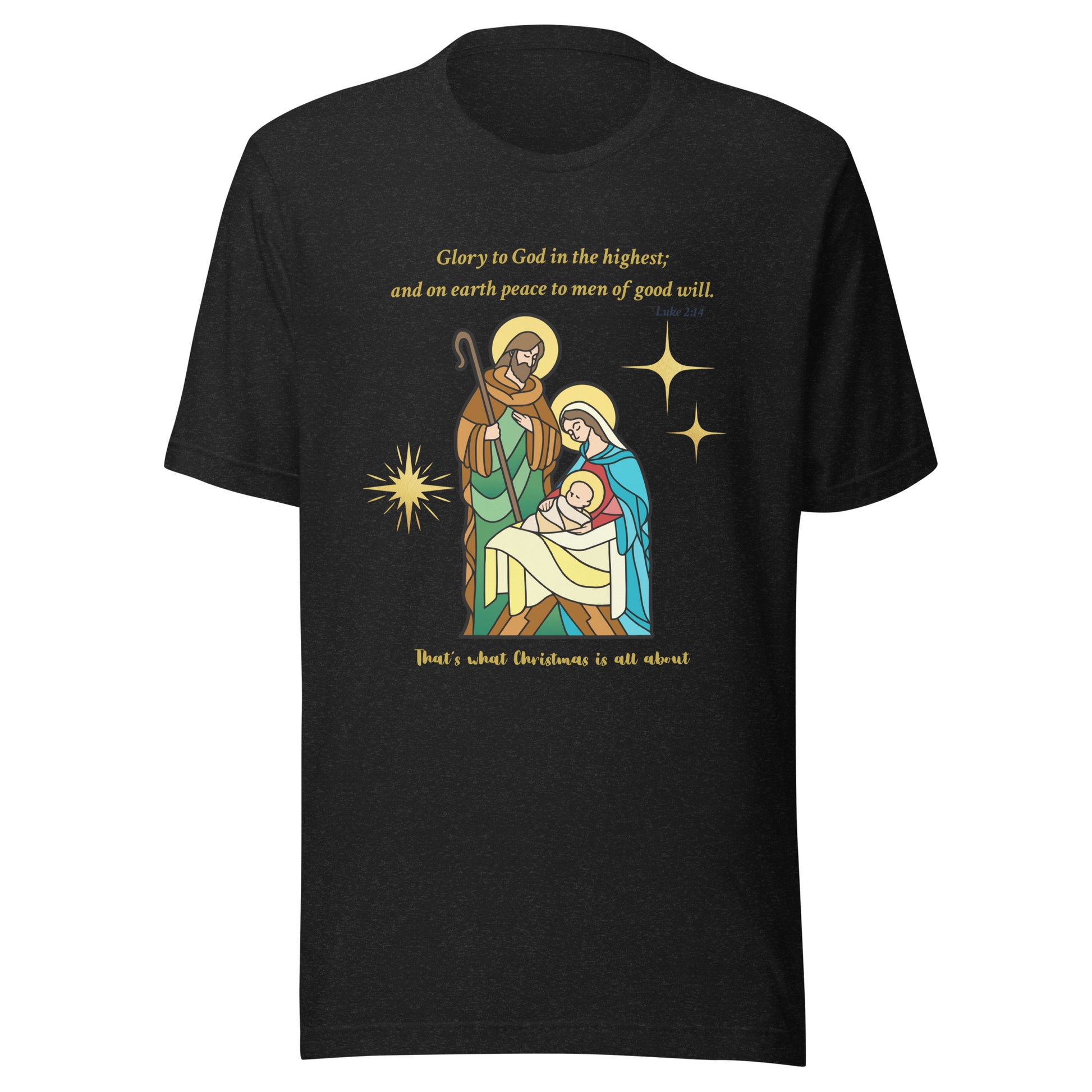 Black t-shirt with nativity scene graphic and text on a white background