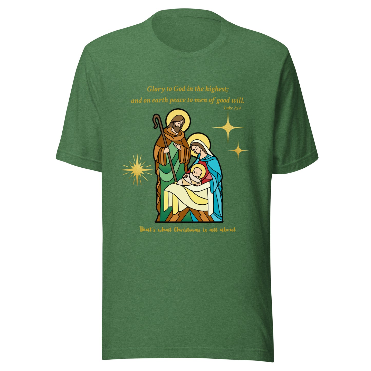 Green t-shirt with nativity scene design and biblical text on a white background