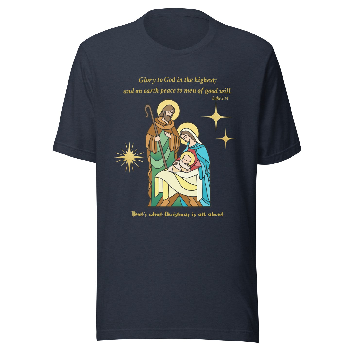 Navy blue t-shirt with nativity scene graphic and text on a white background