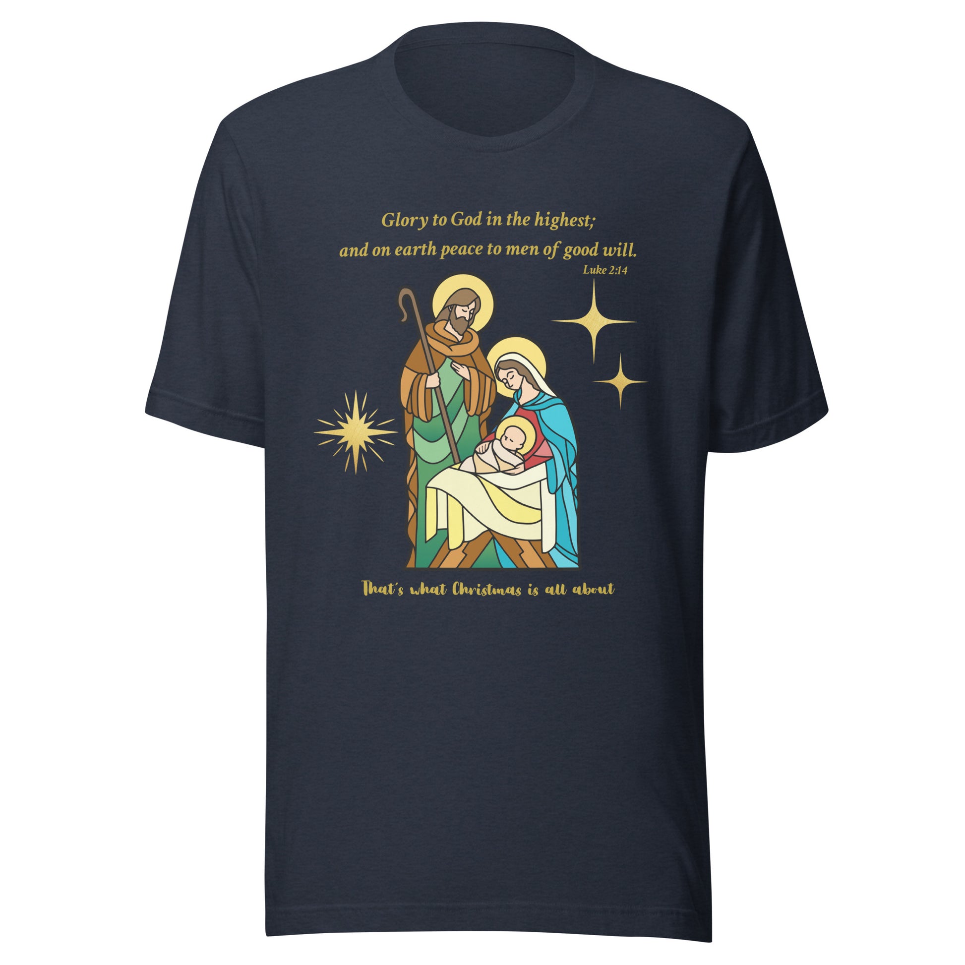 Navy blue t-shirt with nativity scene graphic and text on a white background