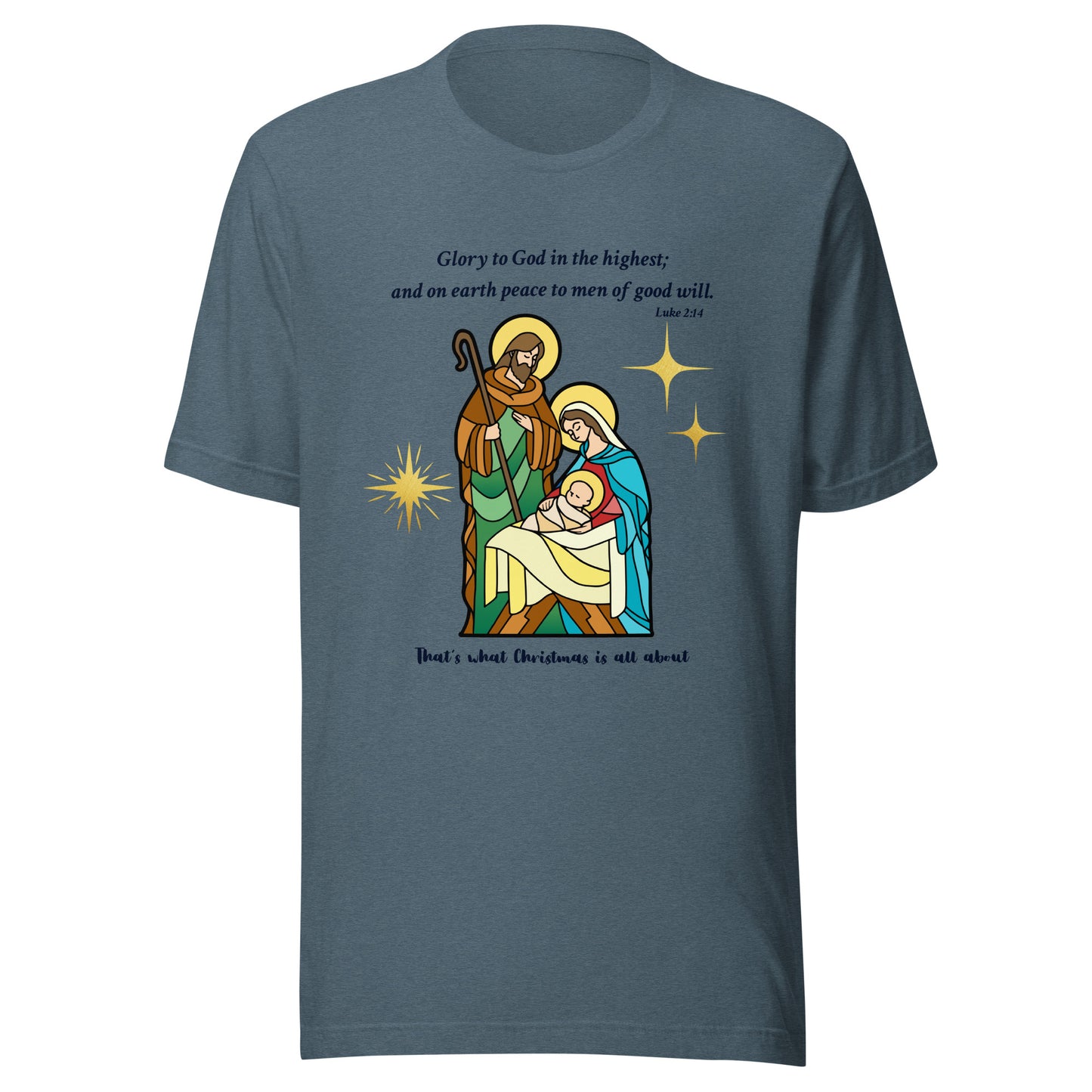 Blue t-shirt with nativity scene graphic and text on a white background