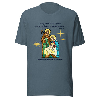 Blue t-shirt with nativity scene graphic and text on a white background
