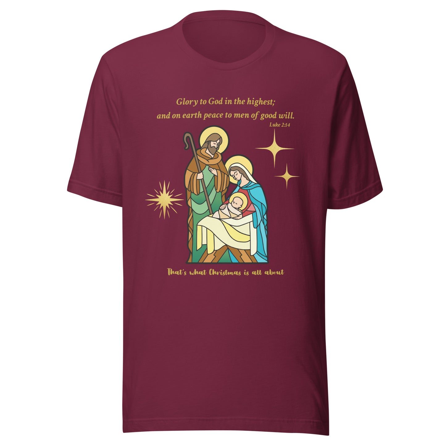 Maroon t-shirt with nativity scene graphic and text on a white background