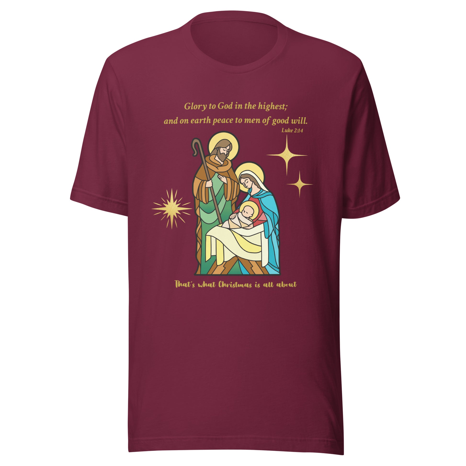 Maroon t-shirt with nativity scene graphic and text on a white background