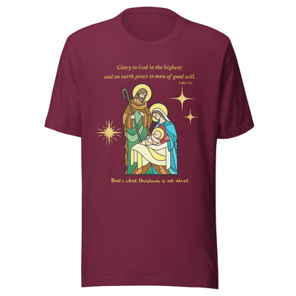 Maroon t-shirt with nativity scene graphic and text on a white background