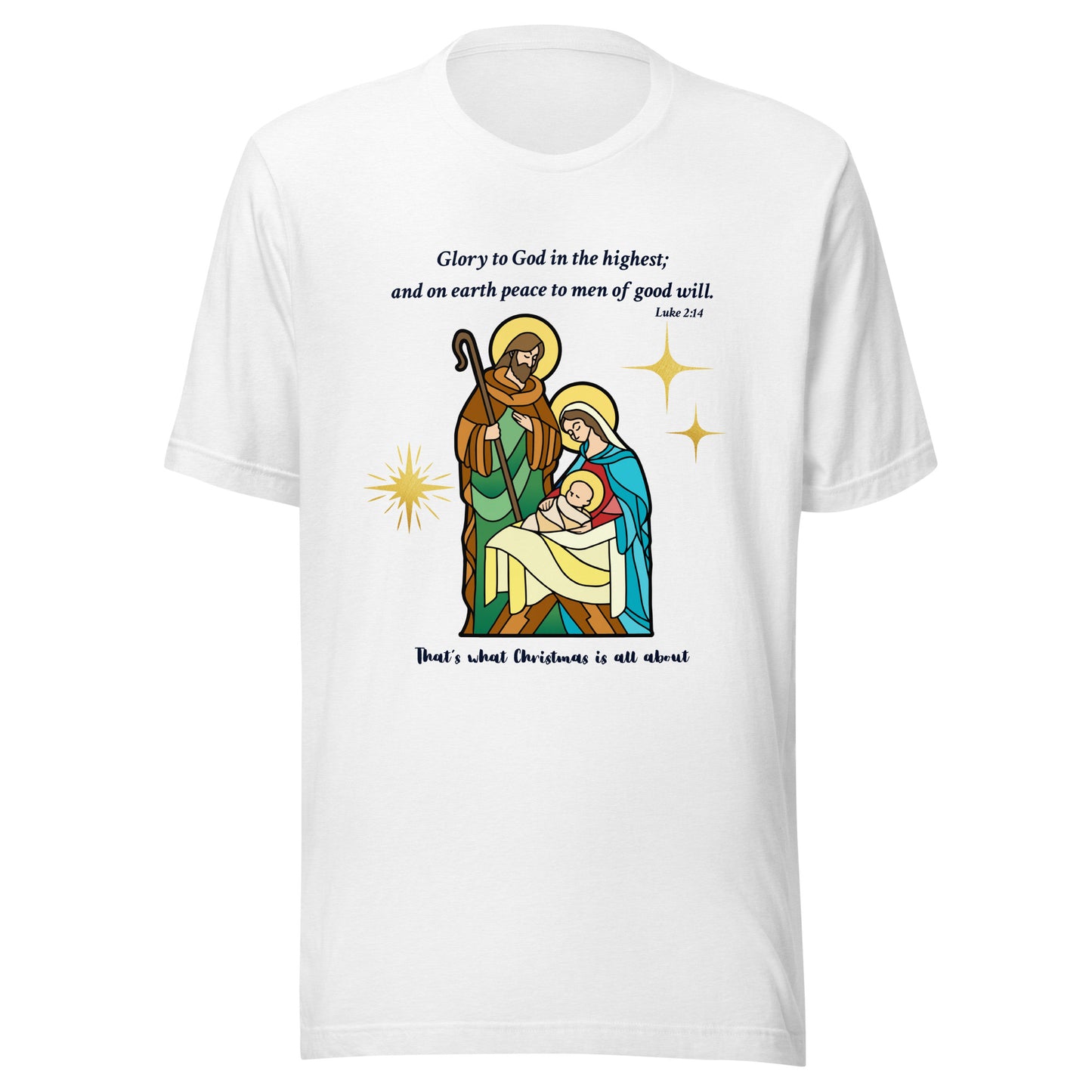 White t-shirt with nativity scene graphic and religious text on a white background