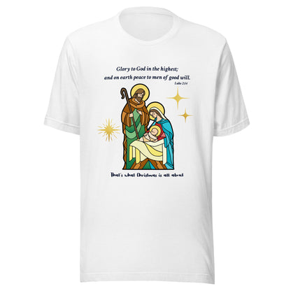 White t-shirt with nativity scene graphic and religious text on a white background