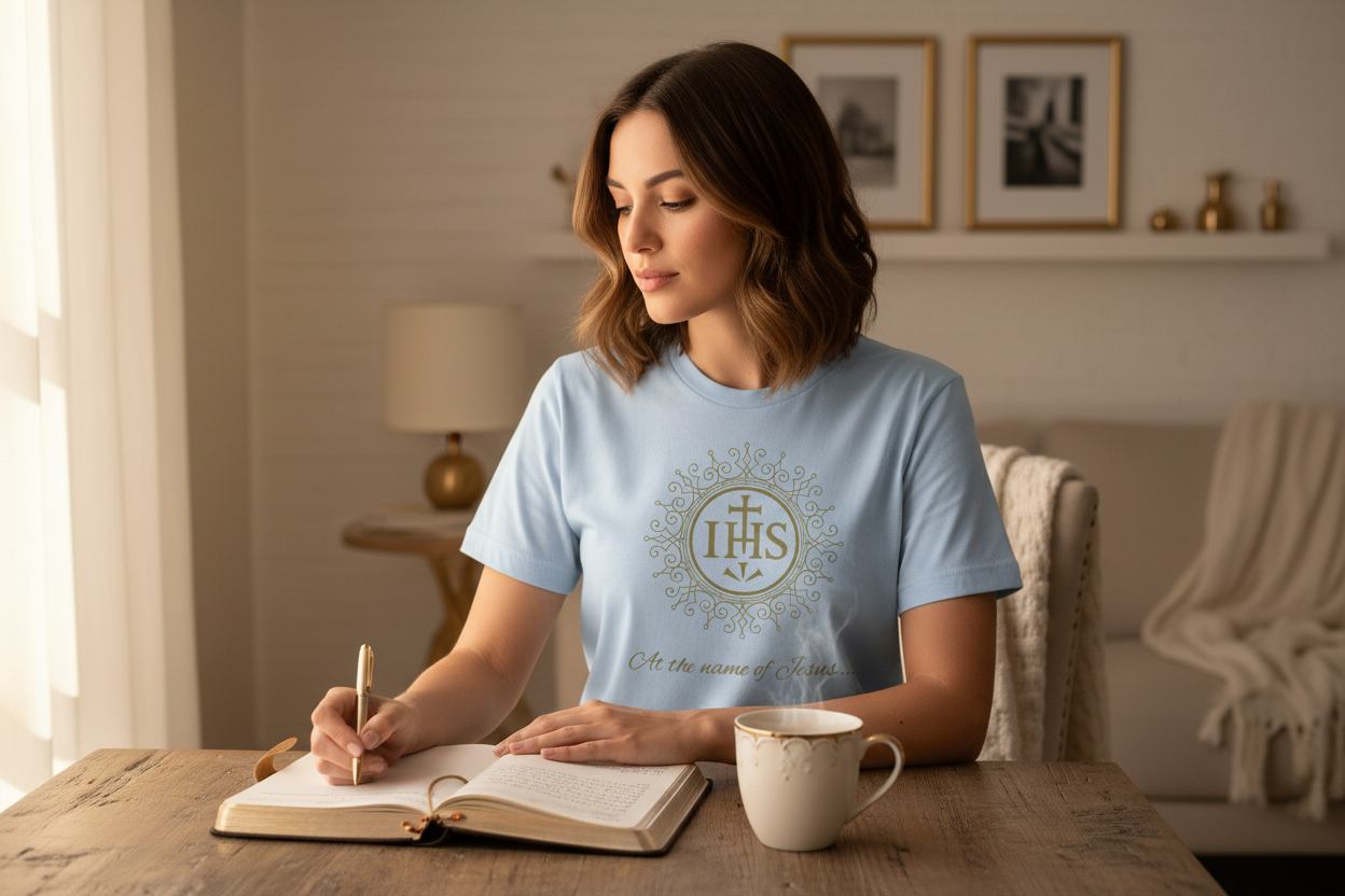 Woman with journal and coffee wearing baby blue t-shirt